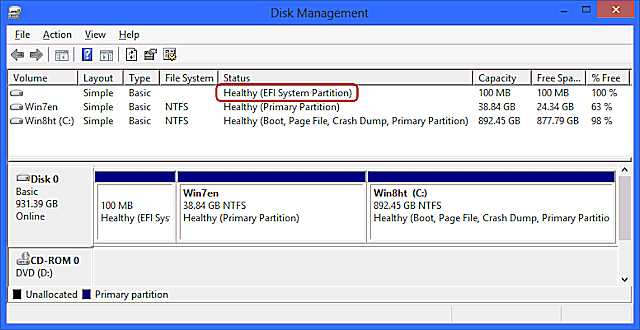 healthy efi system partition windows 10