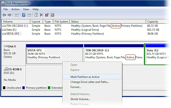 which partition should be active